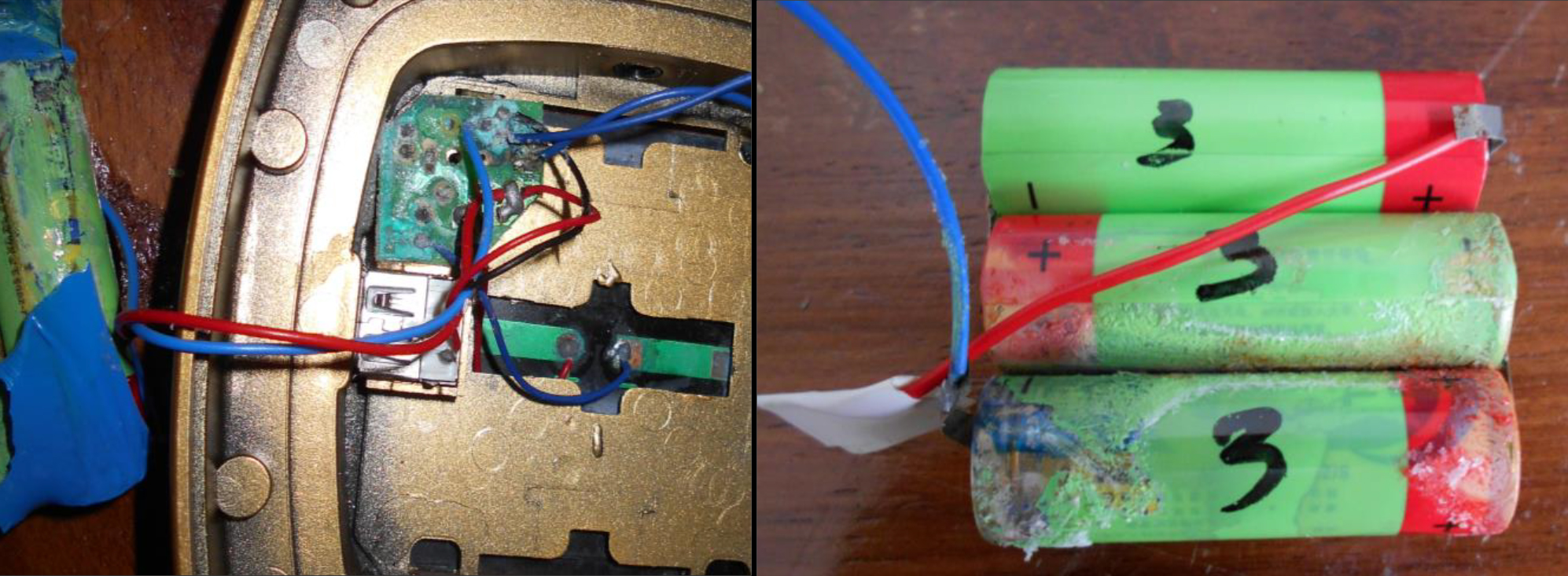 Corroded batteries are shown inside and removed from the product.