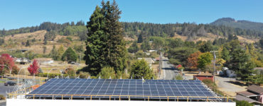"Overhead shot shows solar modules on the canopy of the fueling station