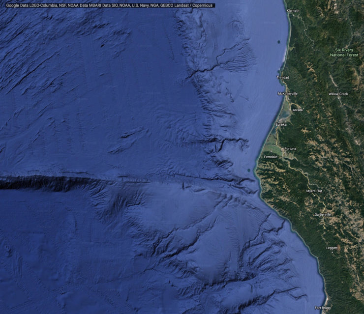 A satellite map of the California coastline from Fort Bragg to Klamath