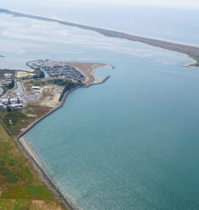 An aerial photo of the Humboldt Bay Generating Station, across from the south peninsula of Humboldt Bay