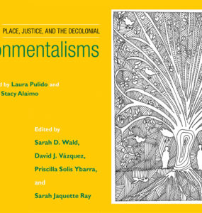 A book with a yellow cover, and a b&w drawing of a tree, people, and animals