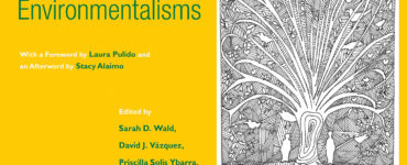 A book with a yellow cover, and a b&w drawing of a tree, people, and animals