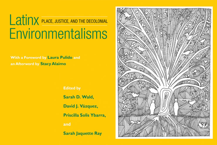 A book with a yellow cover, and a b&w drawing of a tree, people, and animals