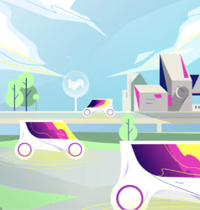 Futuristic cartoon of electric vehicles, a building, and trees