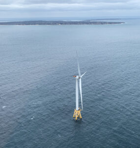 Aerial photo of an offshore wind turbine