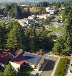 Aerial view of campus shows Schatz Center rooftop array in the foreground
