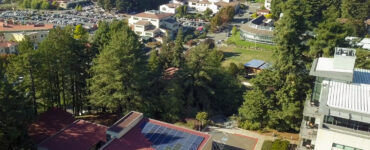 Aerial view of campus shows Schatz Center rooftop array in the foreground