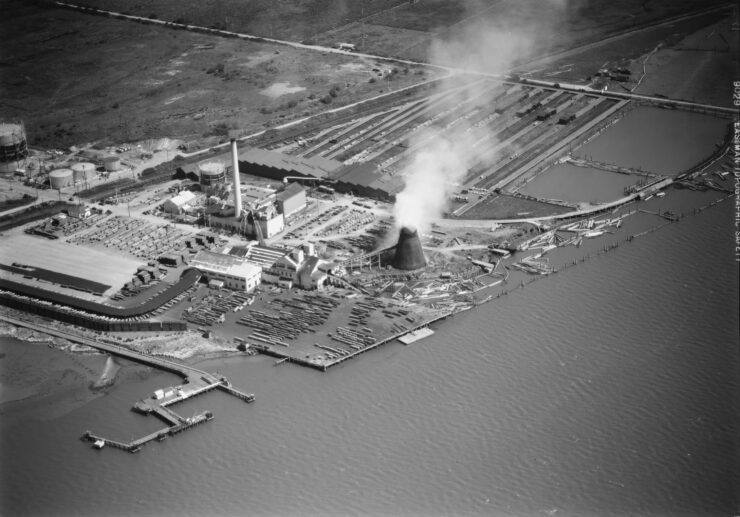 Black and white aerial photo of a power plant and lumber mill on Humboldt Bay